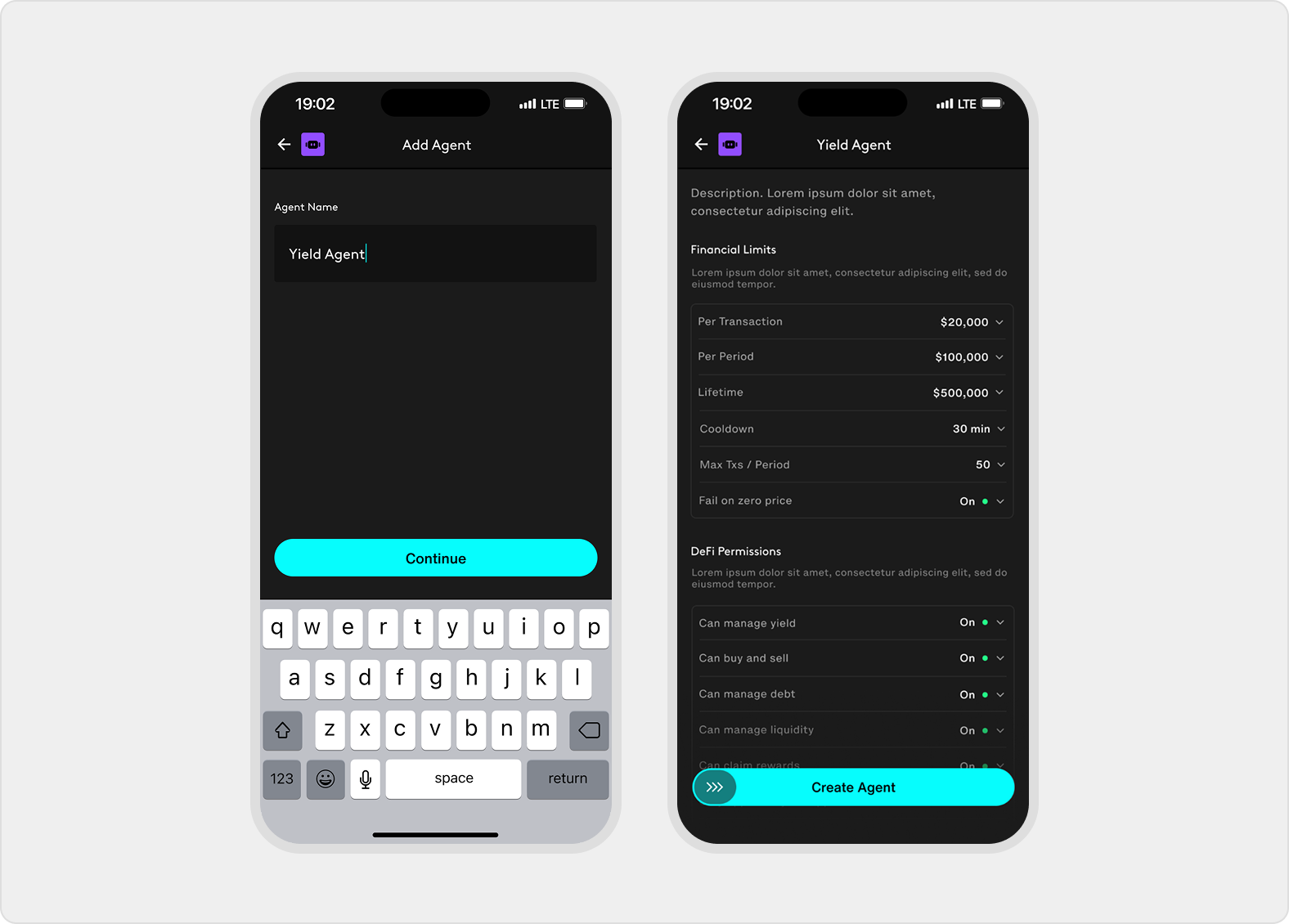 Add Agent asks for an agent name, then opens settings for timing, limits, permissions, and allowed assets