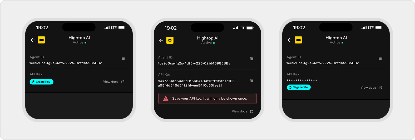 Agent detail offers Create Key, the key reveal warns that the API key is shown once, and the final state confirms the credential is active