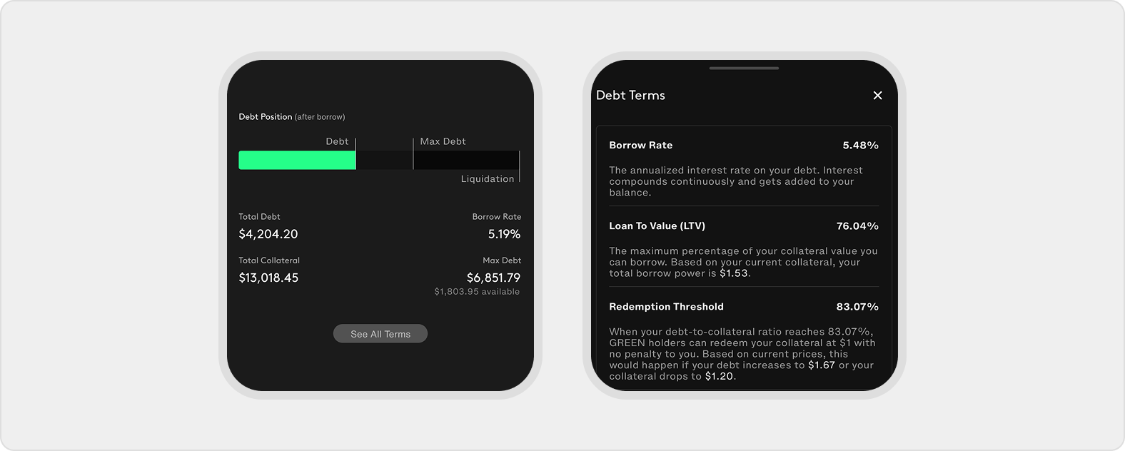 Debt health bar marks debt, max debt, and liquidation, while the terms sheet explains borrow rate, LTV, redemption, liquidation, and fees