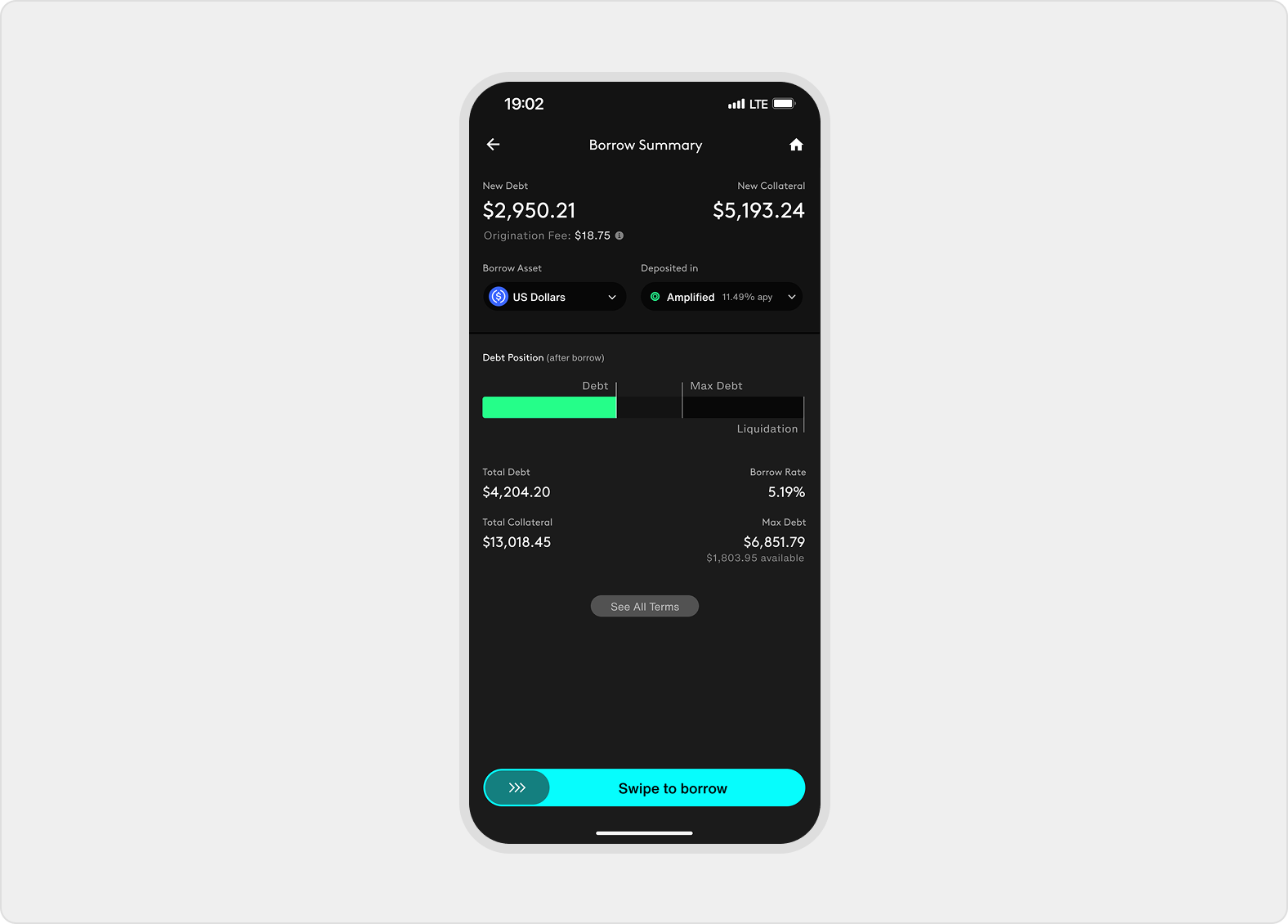 Borrow Summary shows new debt, origination fee, borrowed asset, deposit destination, projected collateral, health bar, max debt, and final swipe action