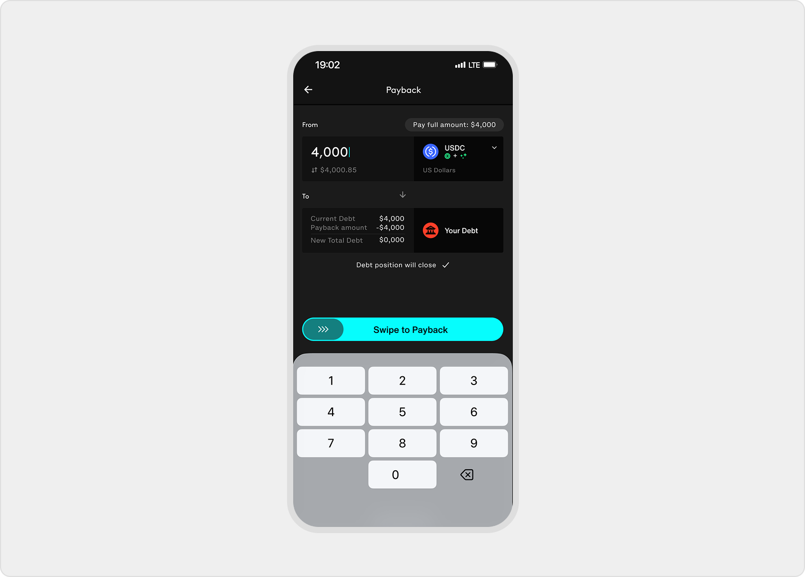 Payback screen shows a USDC source, debt repayment endpoint, pay-full shortcut, new total debt of zero, and close-position message