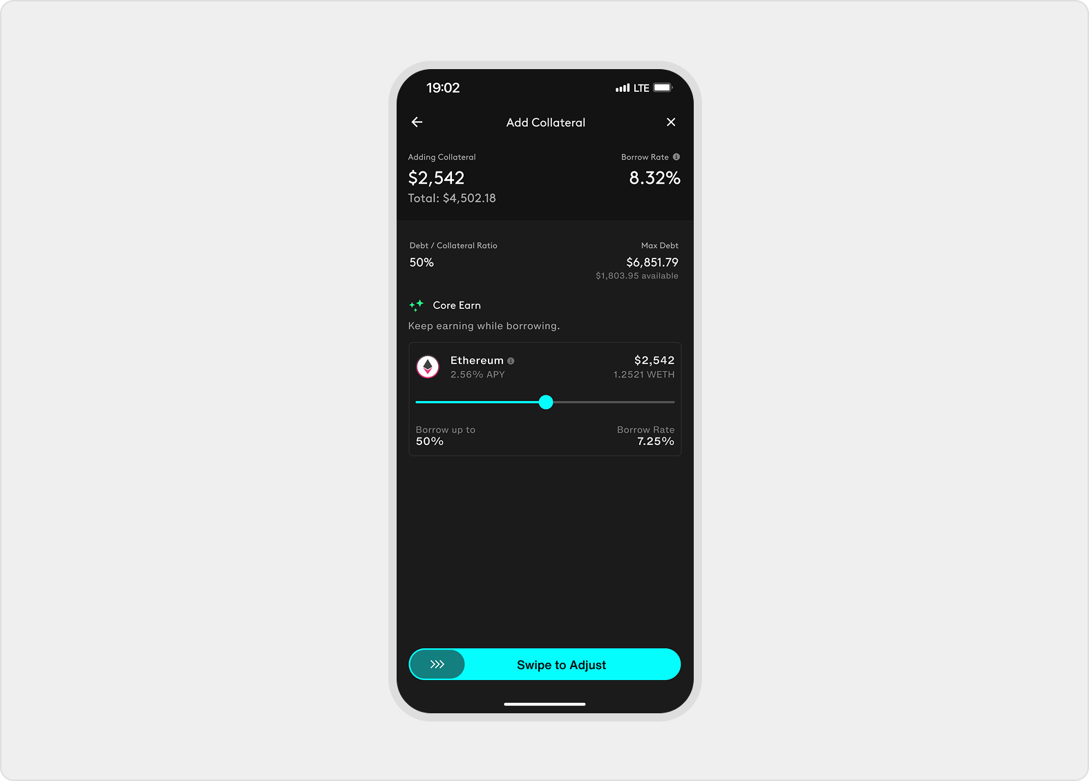 Add Collateral screen shows additional Core Earn collateral, updated debt-to-collateral ratio, borrow rate, max debt, and adjustment slider