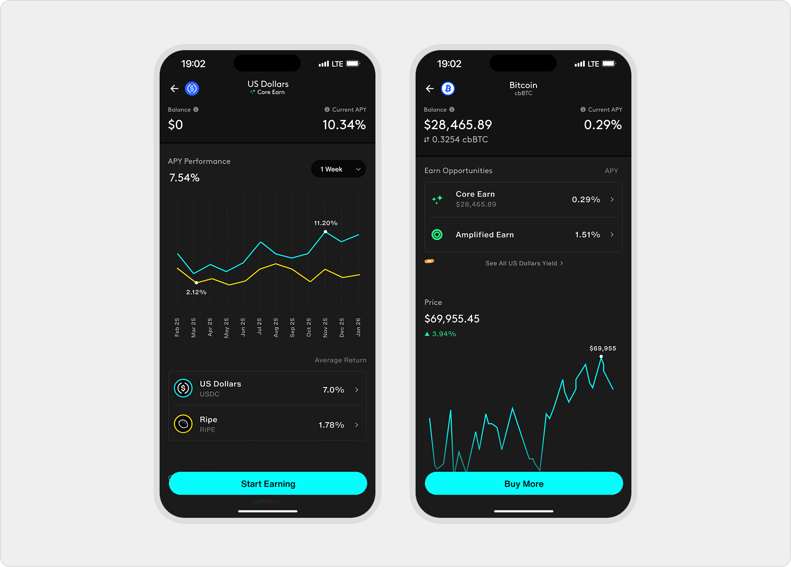 Asset detail includes Get US Dollars, and vault detail includes Add More to open Convert with a preselected destination
