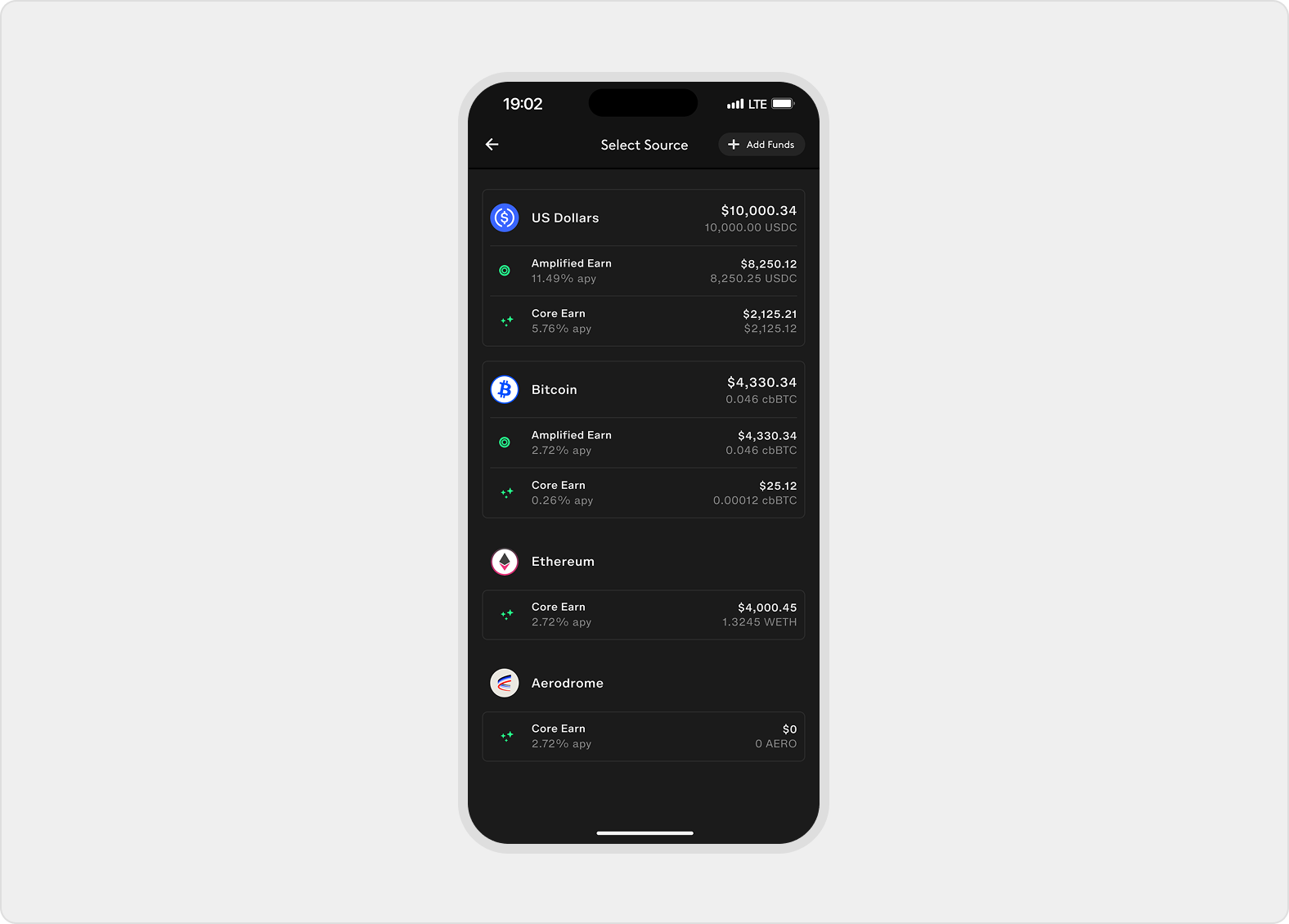 Select Source lists wallet balances and Earn positions with available dollar and token amounts