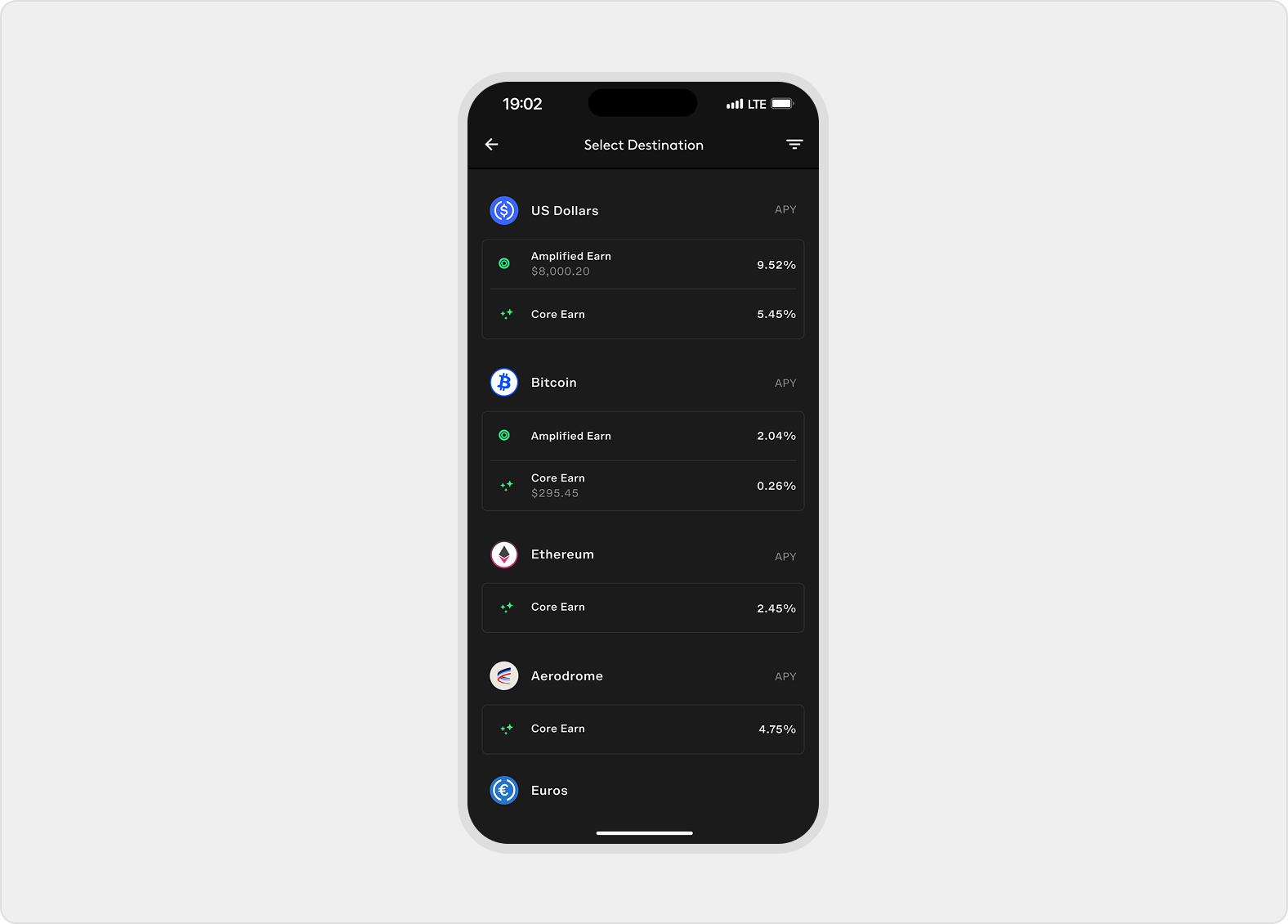 Select Destination lists eligible wallet, Core Earn, Amplified Earn, and asset destinations with APY context