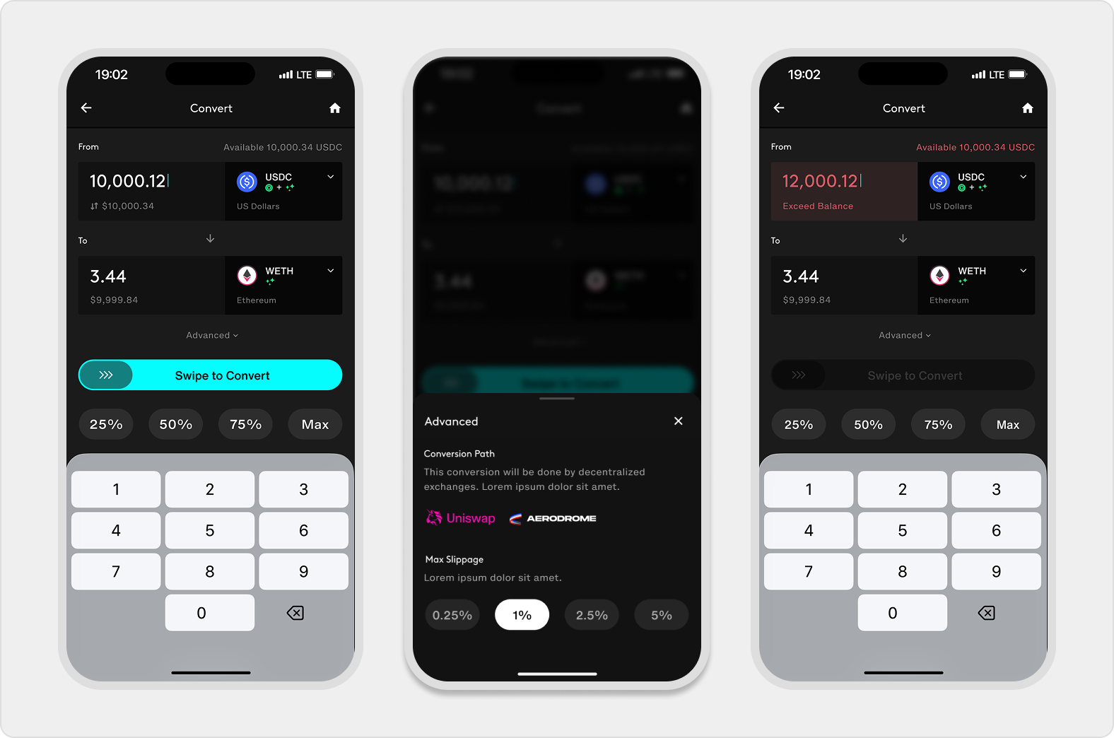 Convert amount screen shows from and to selectors, live quote, advanced settings, slippage controls, and destination-capacity warning states