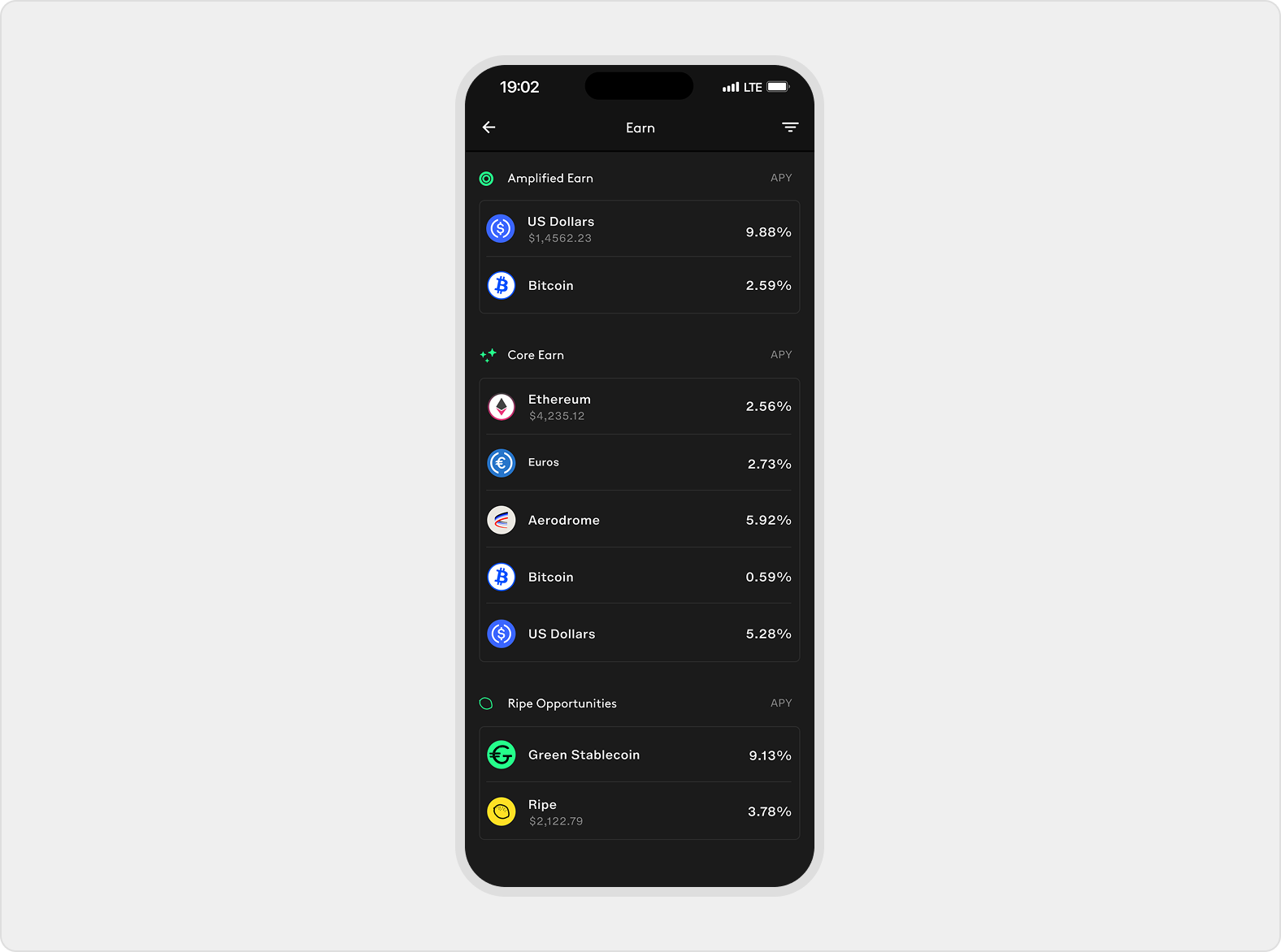 Earn discovery screen with Amplified Earn, Core Earn, and Ripe Opportunities
