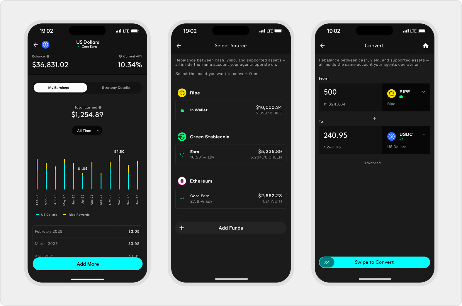 Vault detail, Convert source selection, and amount entry for Earn