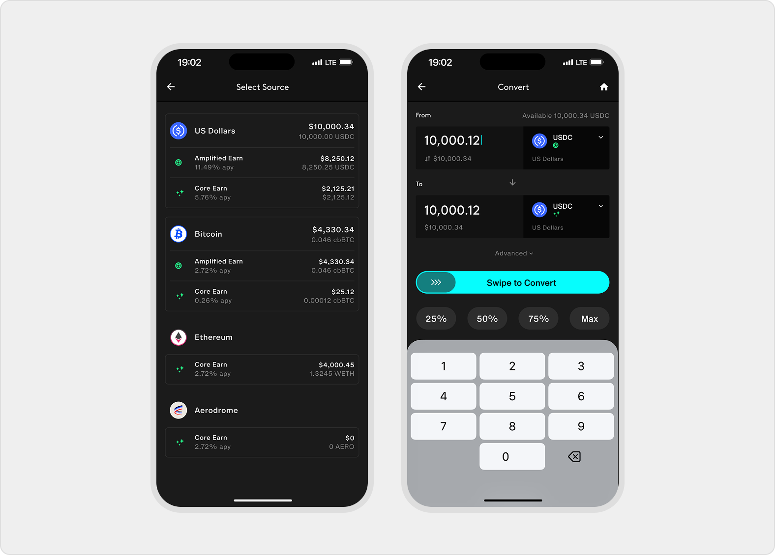 Shared source selector and Convert amount screen for moving out of Earn