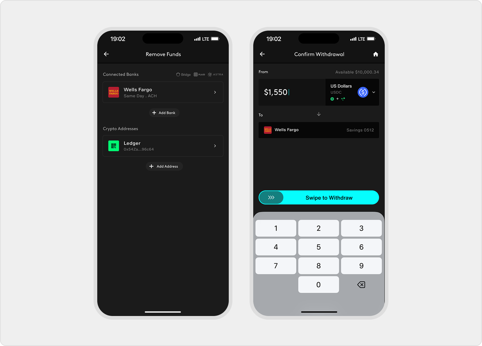 Withdraw destination selection lists connected banks and crypto addresses, then amount entry shows source asset, bank destination, and swipe control