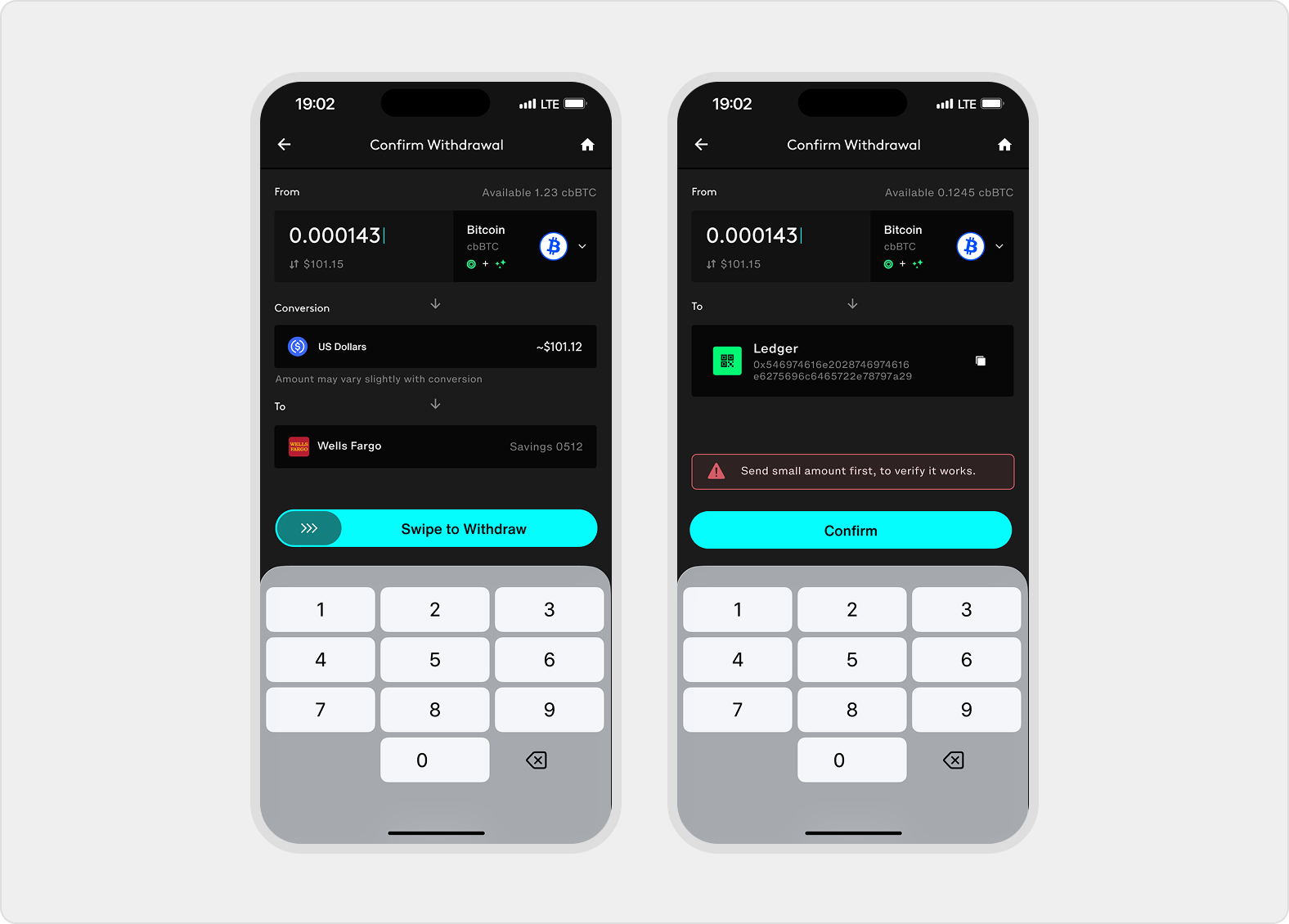 Bank withdrawal review includes an intermediate USDC conversion, while crypto withdrawal review shows the Base address and a small-test warning