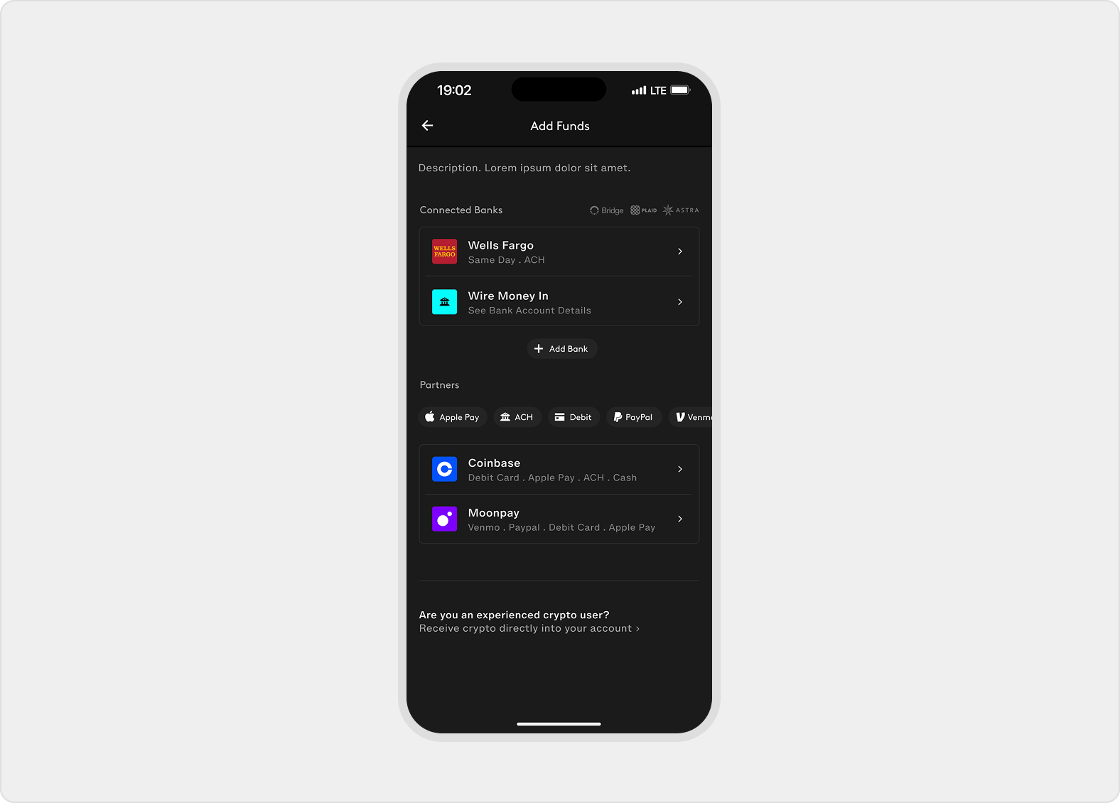 Add Funds lists a connected bank, Wire Money In, Add Bank, partner filters, Coinbase, MoonPay, and direct crypto receive