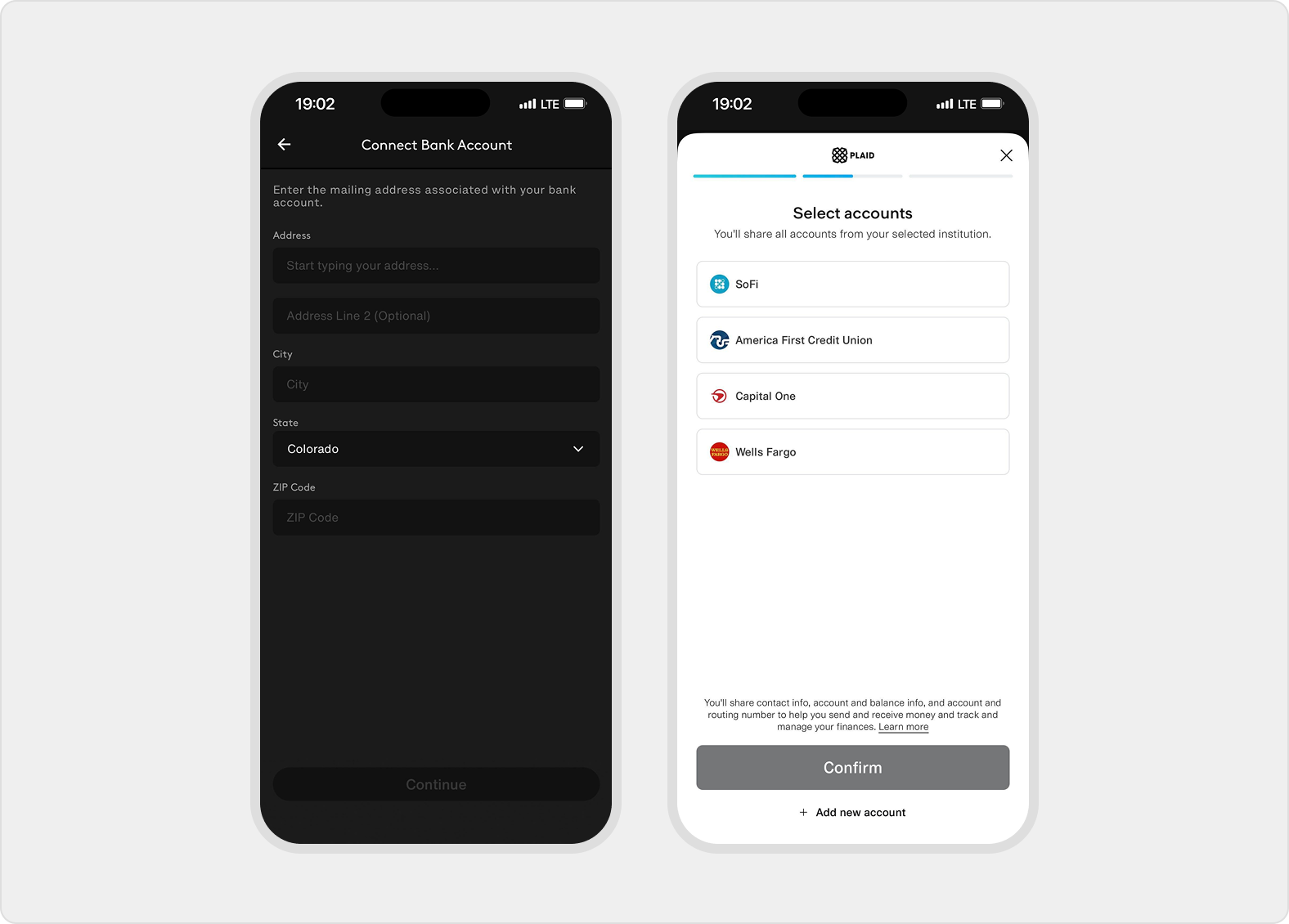 Connect Bank Account collects mailing address details, then Plaid asks the user to select and confirm bank accounts