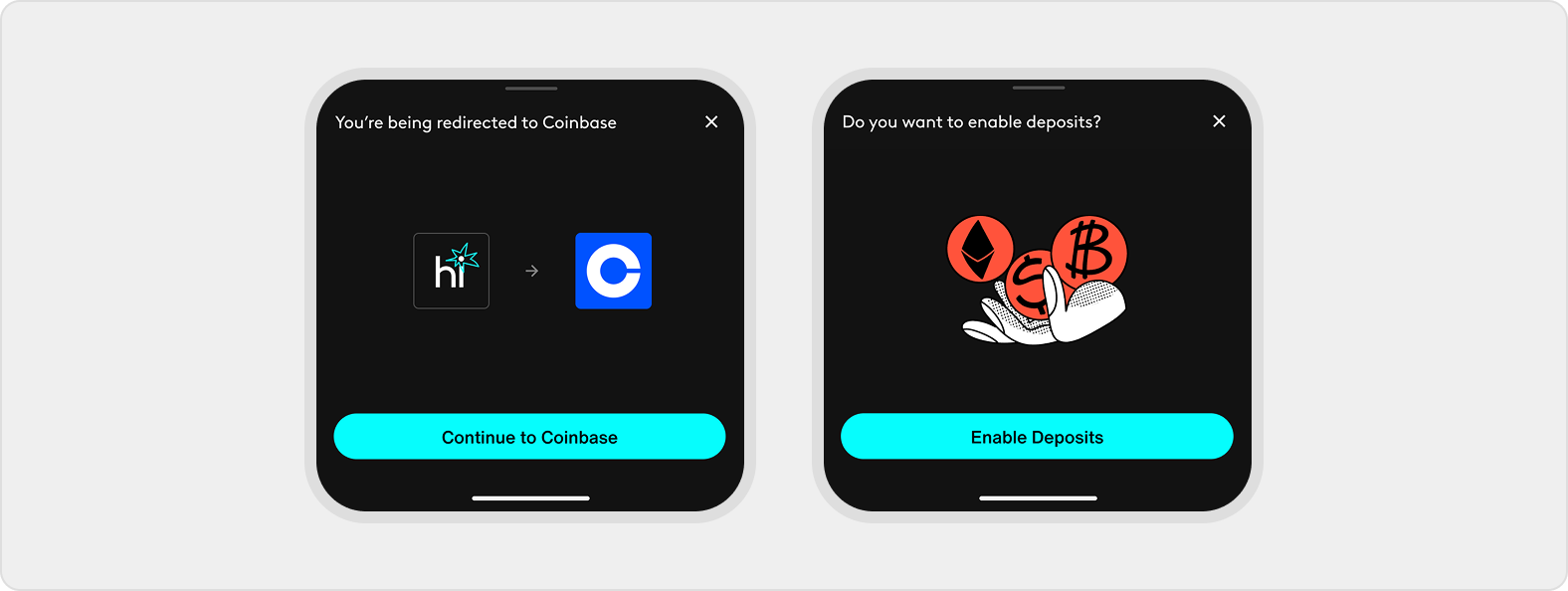 Partner deposit sheets show a Coinbase redirect and an Enable Deposits prompt before third-party funding can continue