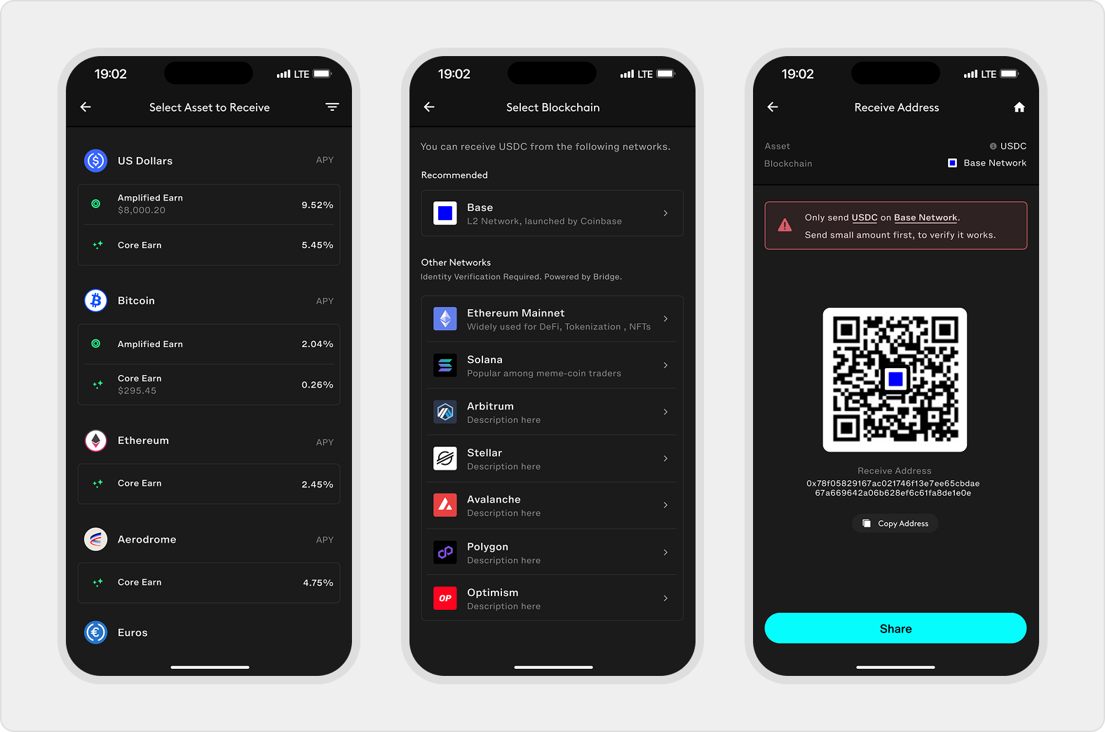 Direct crypto deposit flow selects an asset, chooses Base or another supported USDC network, then shows a QR code and receive address