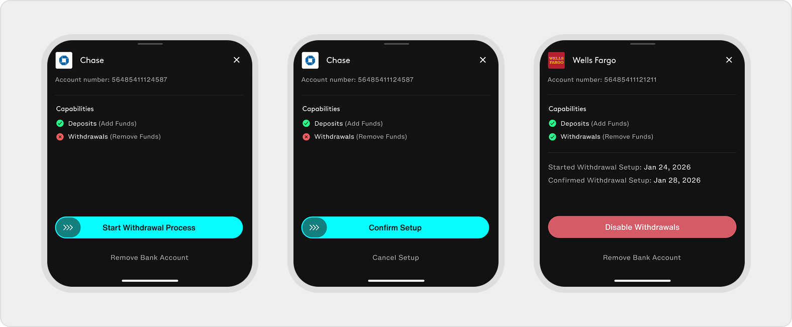 Bank account sheets show deposit and withdrawal capabilities, start withdrawal setup, confirm pending setup, or disable an active withdrawal destination