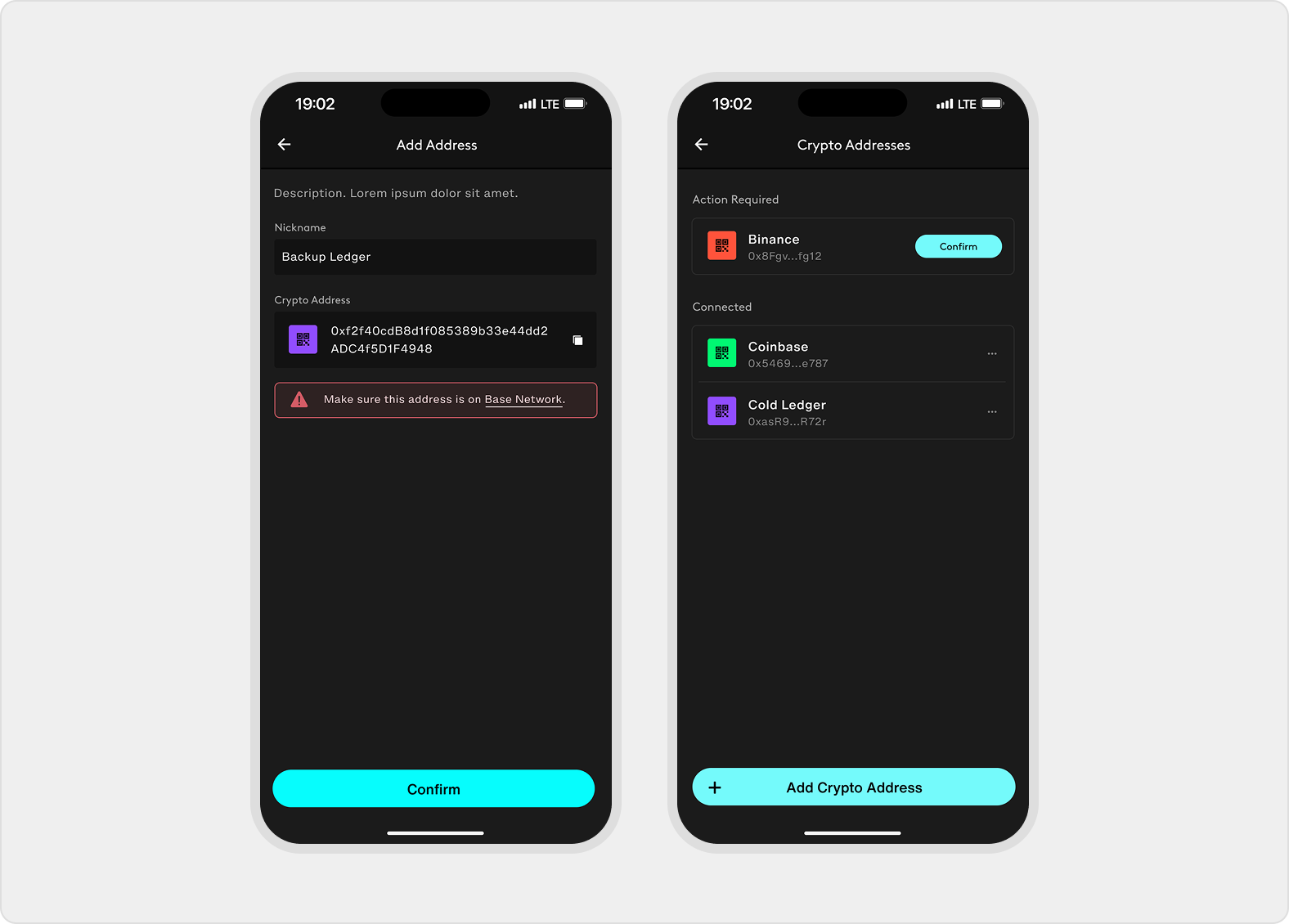 Add Crypto Address collects a nickname and Base address warning, while Crypto Addresses lists pending and connected destinations