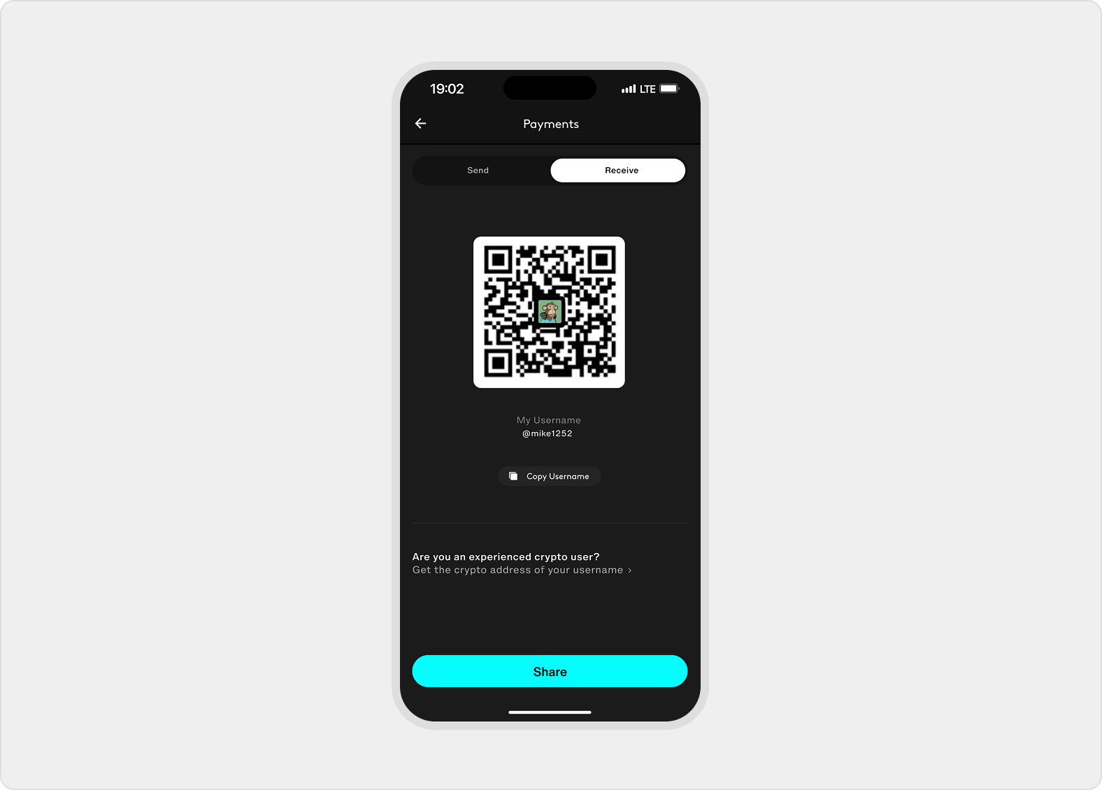 Payments Receive displays a Hightop QR code, username, copy control, and share button