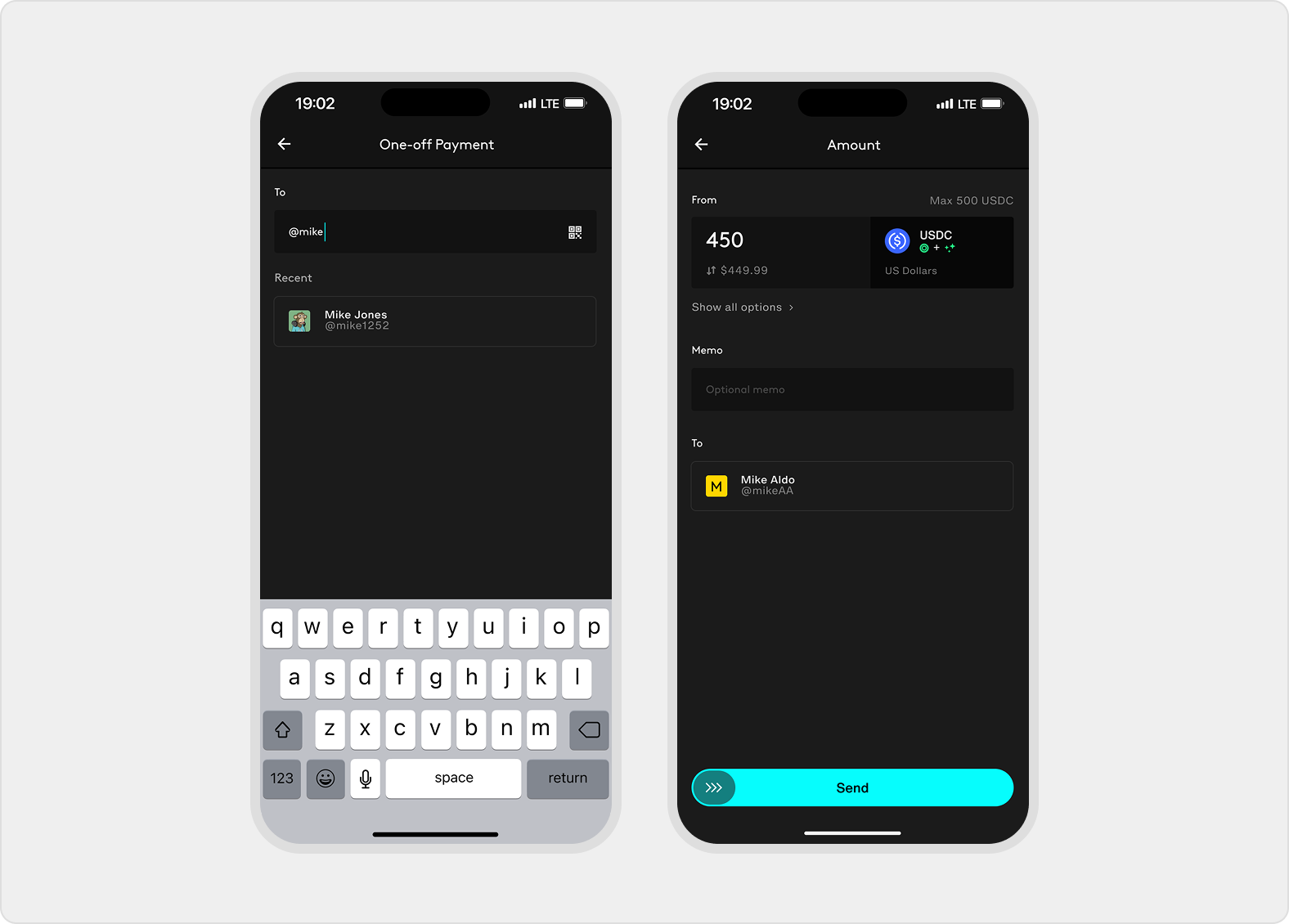 One-off payment flow searches for a recipient, then shows amount entry, source asset, optional memo, recipient, and send control