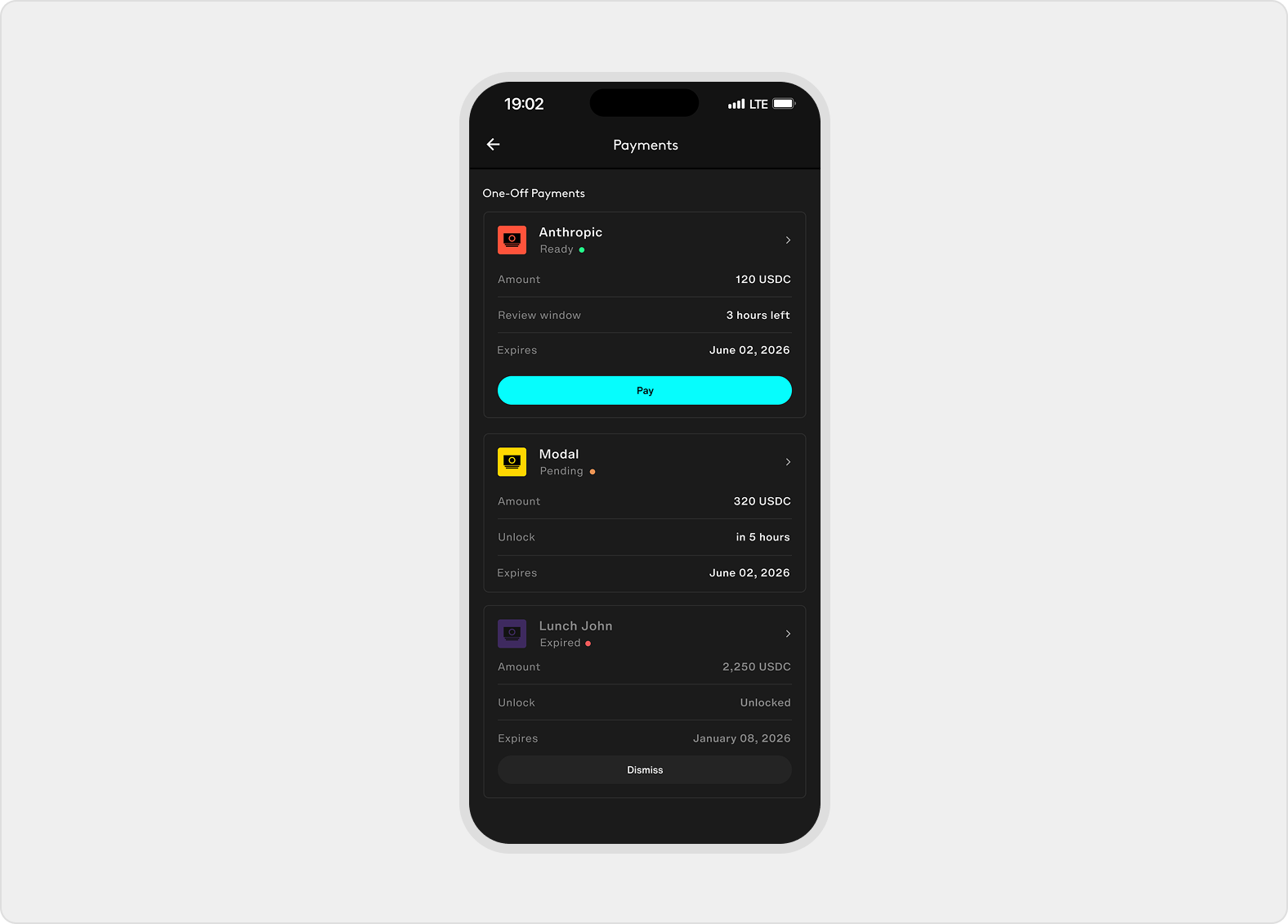 One-off payment cards show pending and ready states with recipient, amount, availability, expiry, and cancel or pay actions