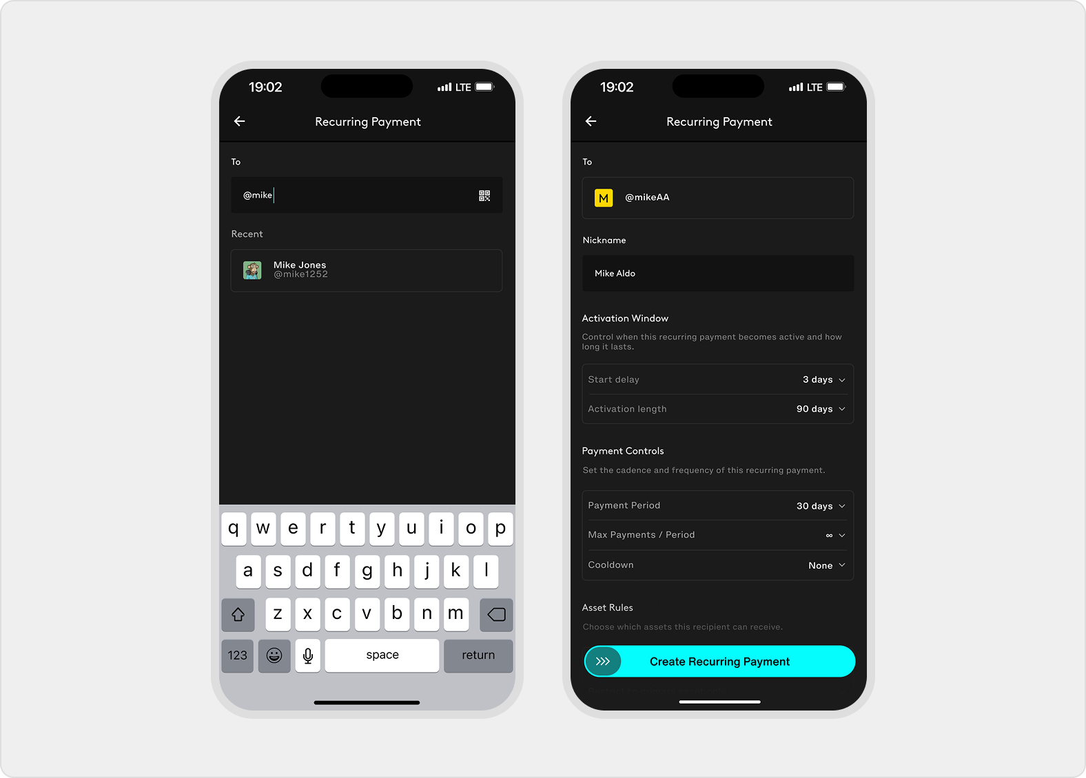 Recurring setup searches for a recipient, then shows nickname, activation window, payment controls, asset rules, and create action