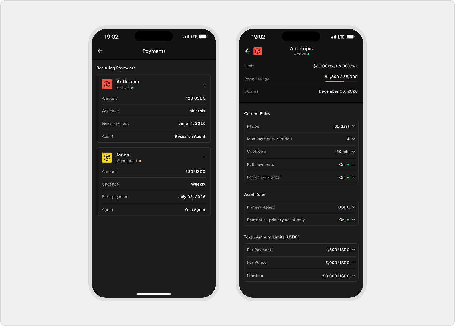Recurring payment cards summarize amount, cadence, next payment, and agent, while the detail screen shows limit, period usage, expiry, current rules, and asset rules