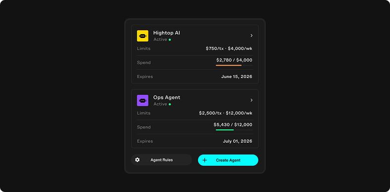 Two agent cards show active status, transaction and period limits, current spend progress, and expiration dates
