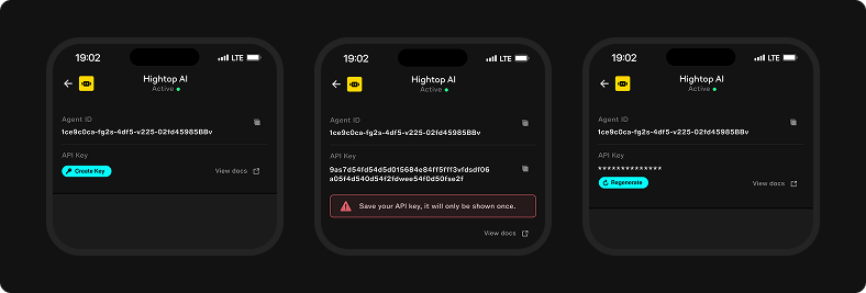 Agent detail offers Create Key, the key reveal warns that the API key is shown once, and the final state confirms the credential is active