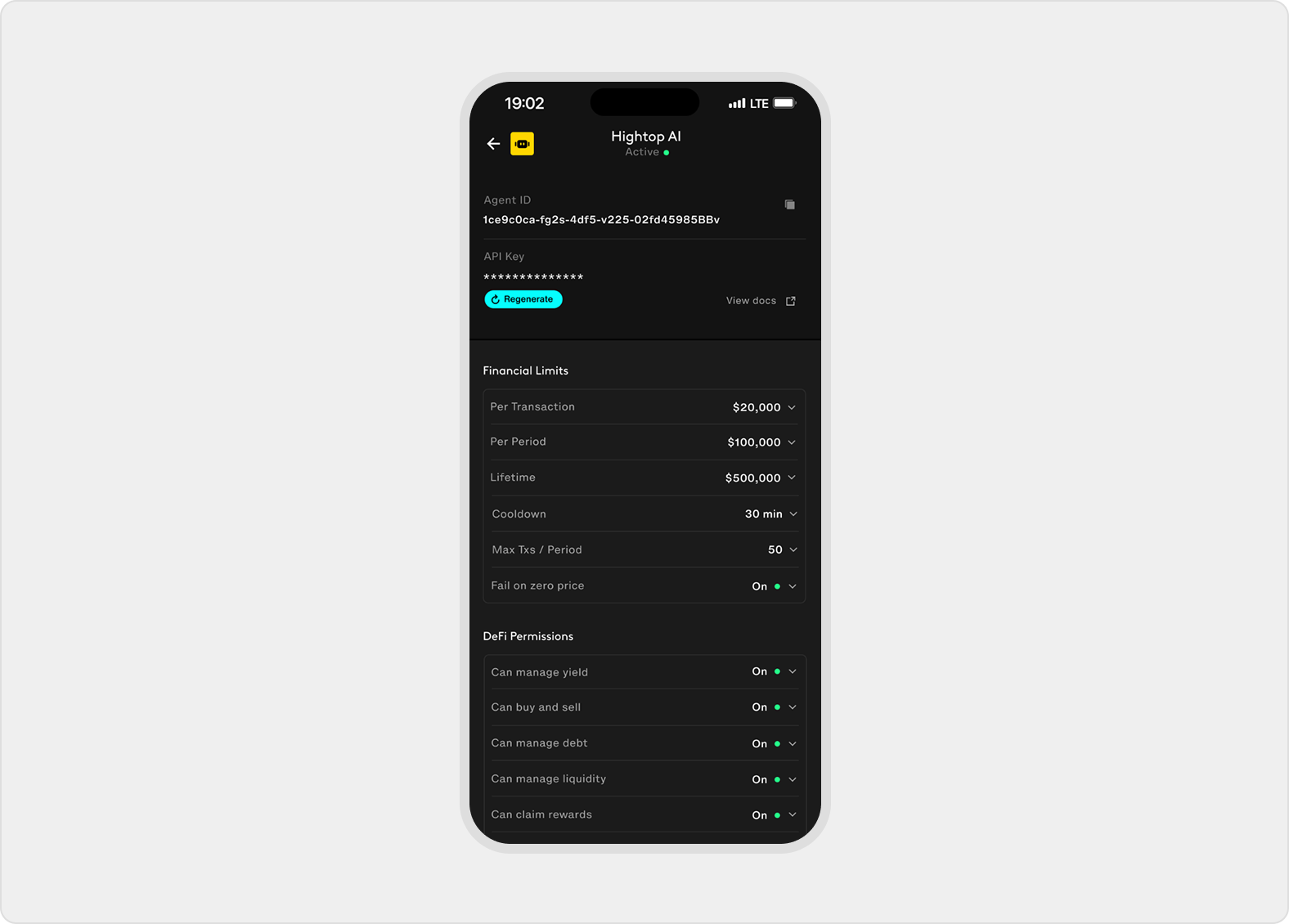 Agent detail settings show API key status, financial limits, DeFi permissions, and editable rule rows