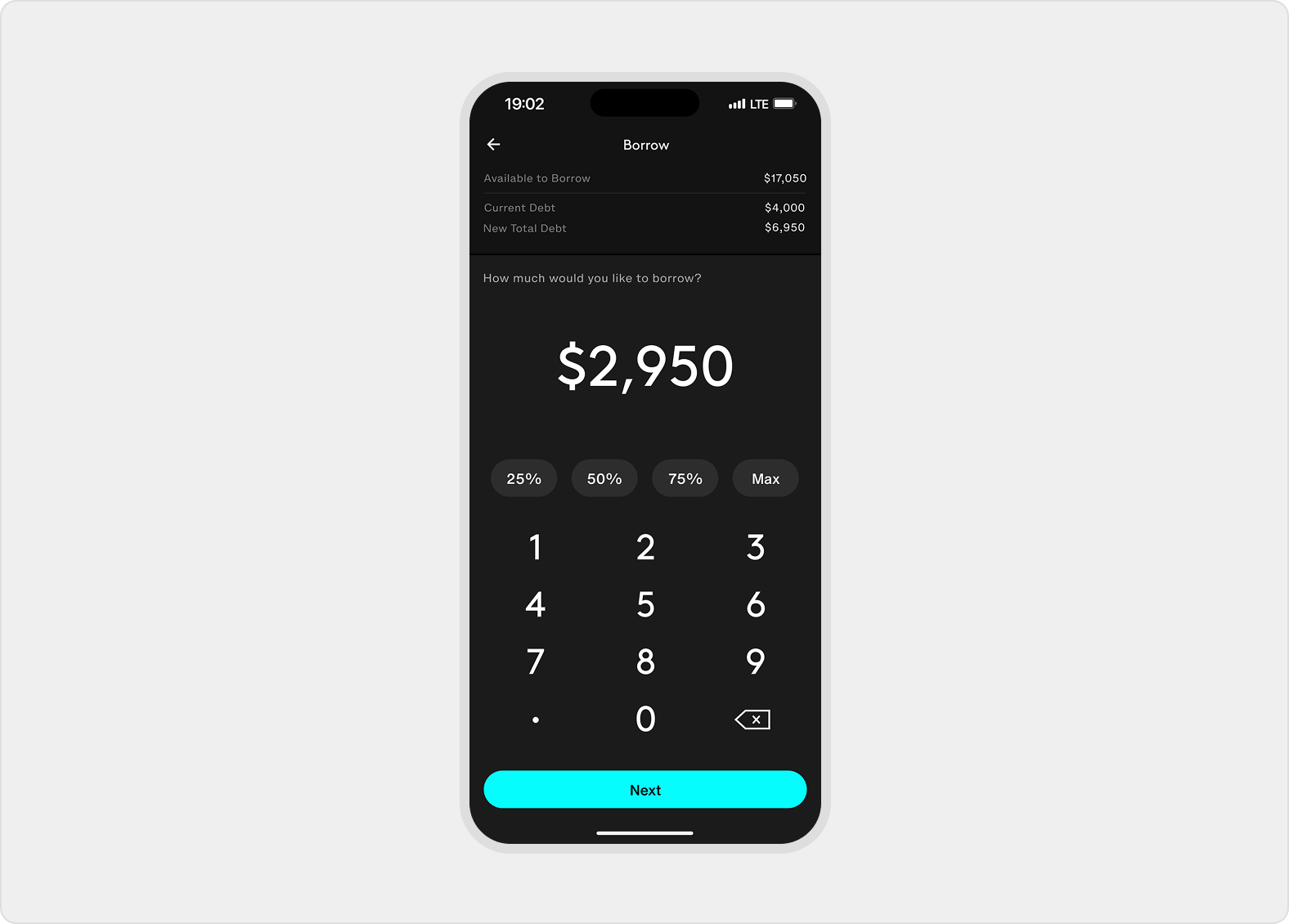 Borrow amount screen shows available borrow capacity, current debt, new total debt, amount entry, quick-fill pills, number pad, and next action