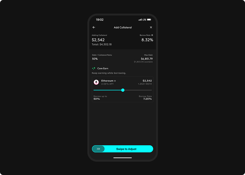 Add Collateral screen shows additional Core Earn collateral, updated debt-to-collateral ratio, borrow rate, max debt, and adjustment slider