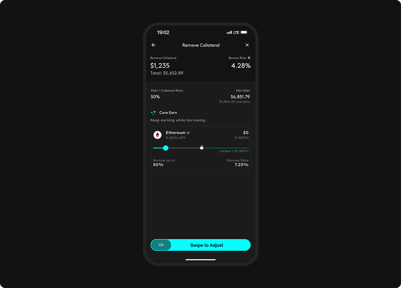 Remove Collateral screen shows removable collateral, remaining locked amount, resulting ratio, borrow rate, max debt, and adjustment slider