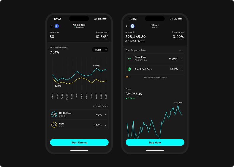 Asset detail includes Get US Dollars, and vault detail includes Add More to open Convert with a preselected destination