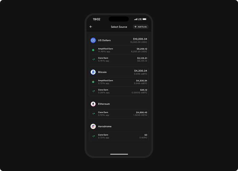 Select Source lists wallet balances and Earn positions with available dollar and token amounts