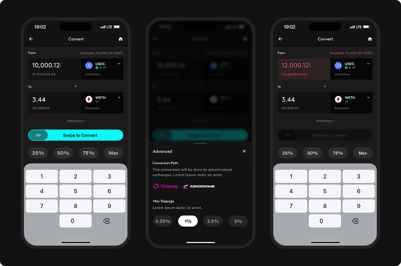 Convert amount screen shows from and to selectors, live quote, advanced settings, slippage controls, and destination-capacity warning states