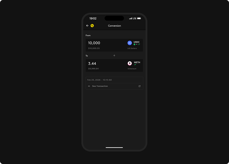 Completed conversion activity shows source asset, destination asset, converted amount, timestamp, and related actions