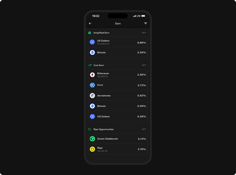Earn discovery screen with Amplified Earn, Core Earn, and Ripe Opportunities