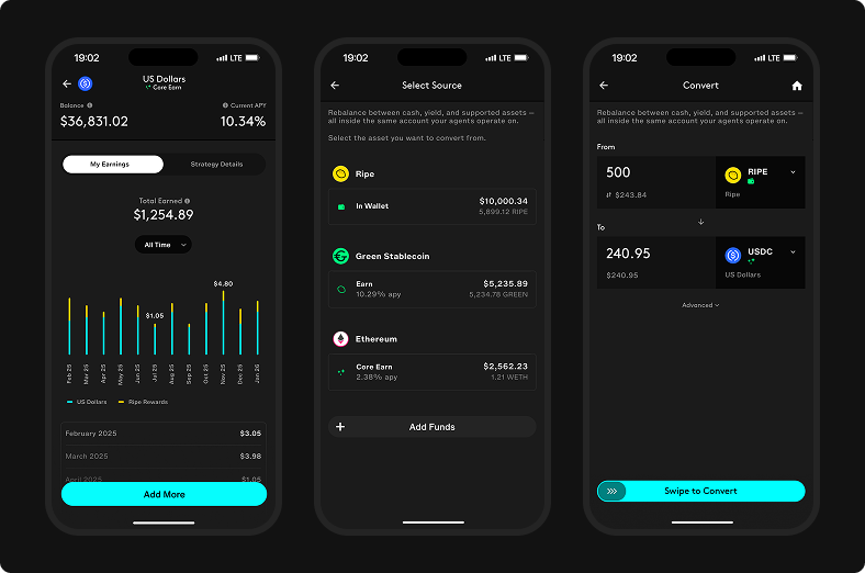 Vault detail, Convert source selection, and amount entry for Earn