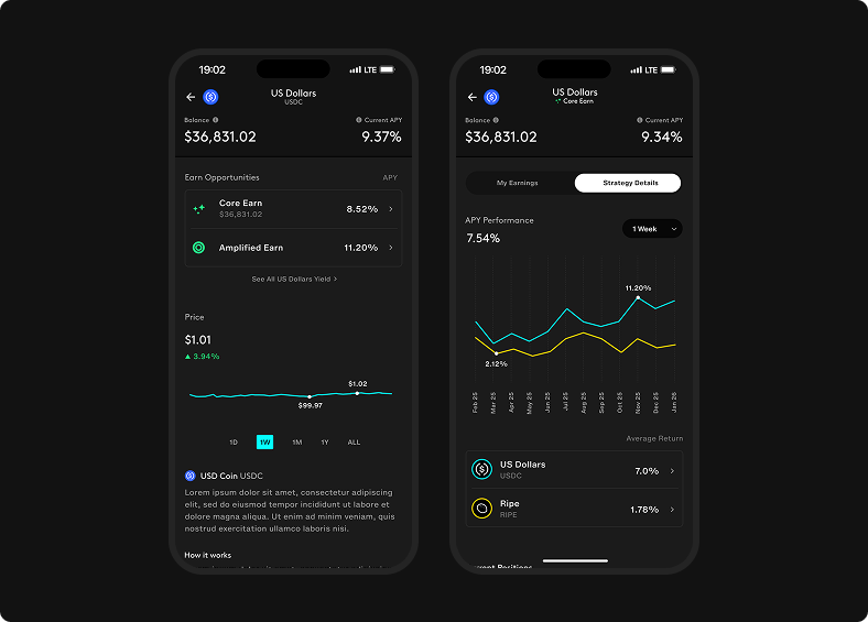 An asset detail page compares Core Earn and Amplified Earn opportunities, while a vault strategy tab charts APY and return by asset