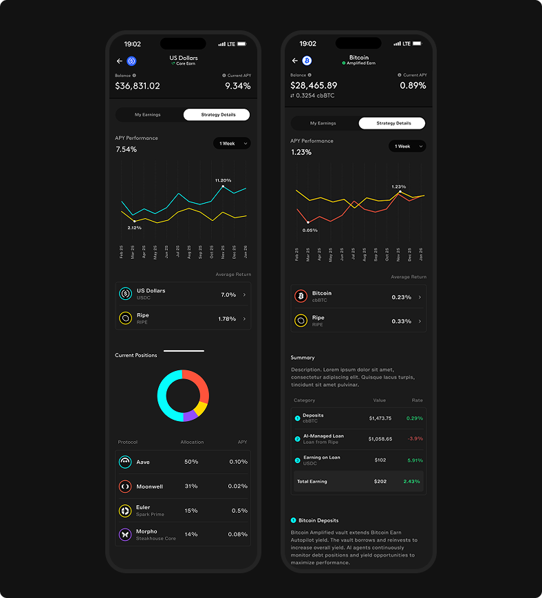 Core and Amplified Earn strategy detail screens