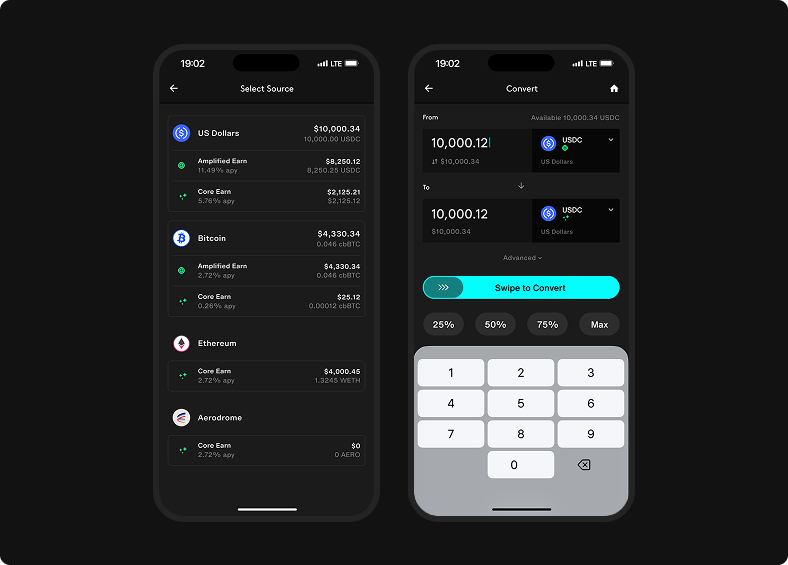 Shared source selector and Convert amount screen for moving out of Earn