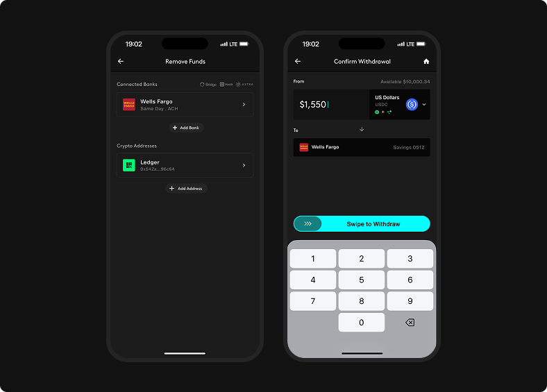 Withdraw destination selection lists connected banks and crypto addresses, then amount entry shows source asset, bank destination, and swipe control