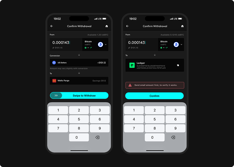 Bank withdrawal review includes an intermediate USDC conversion, while crypto withdrawal review shows the Base address and a small-test warning