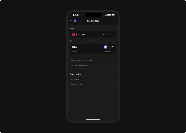 Funds Added activity shows Wells Fargo as the source, USDC as the destination, deposit amount, timestamp, and related actions