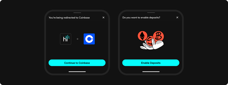 Partner deposit sheets show a Coinbase redirect and an Enable Deposits prompt before third-party funding can continue