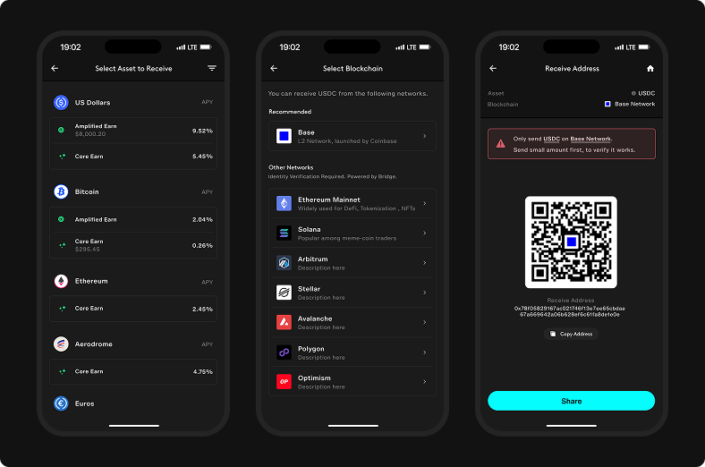 Direct crypto deposit flow selects an asset, chooses Base or another supported USDC network, then shows a QR code and receive address