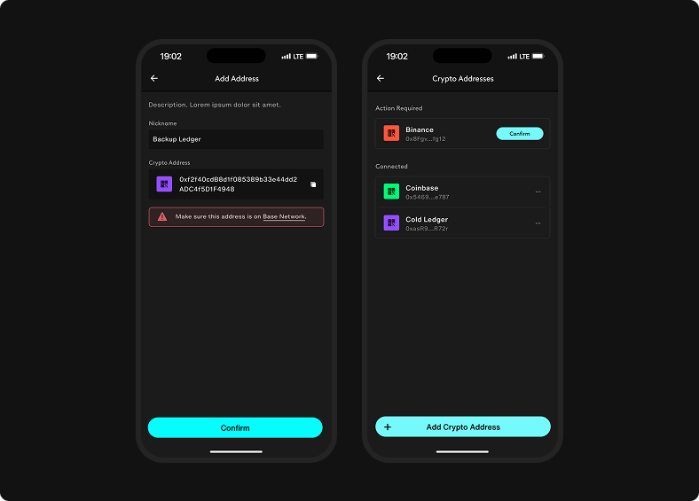 Add Crypto Address collects a nickname and Base address warning, while Crypto Addresses lists pending and connected destinations