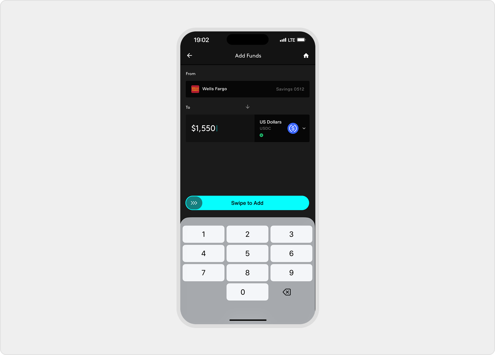 Deposit Amount screen shows a linked Wells Fargo source, US Dollars destination, typed amount, number pad, and swipe-to-add control