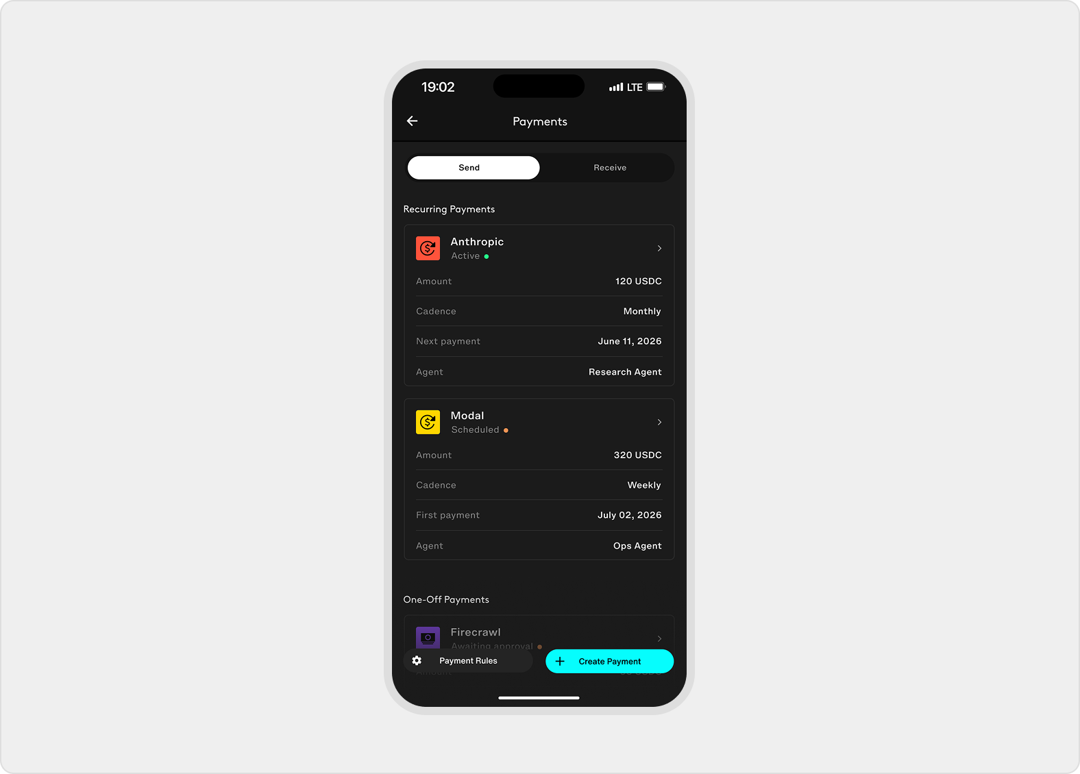 Payments Send lists one-off and recurring payment cards with amounts, timing, limits, and setup actions