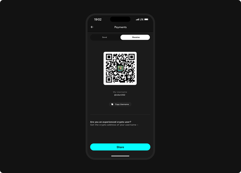 Payments Receive displays a Hightop QR code, username, copy control, and share button